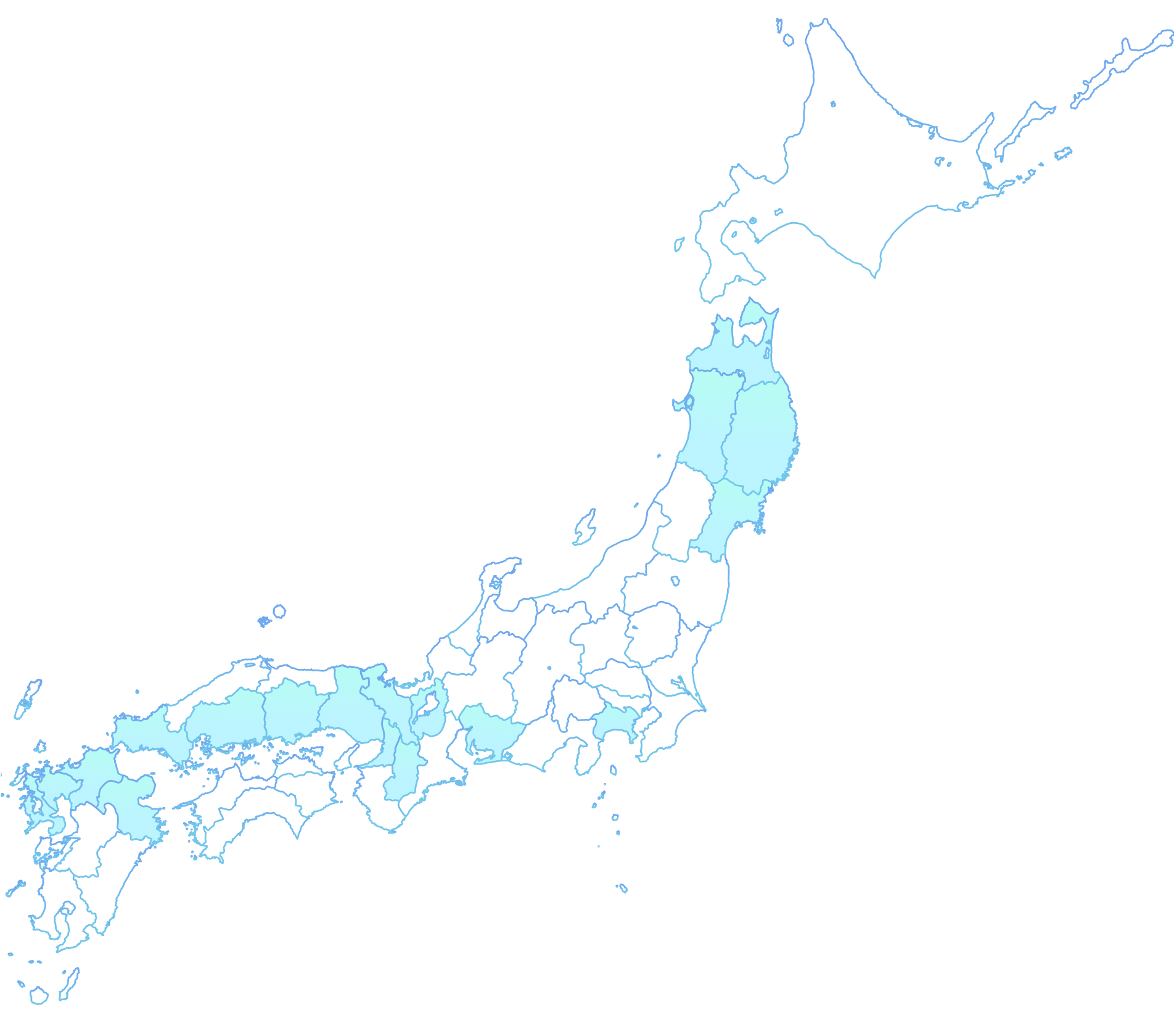 配属エリア(都道府県)に色がついている日本地図
